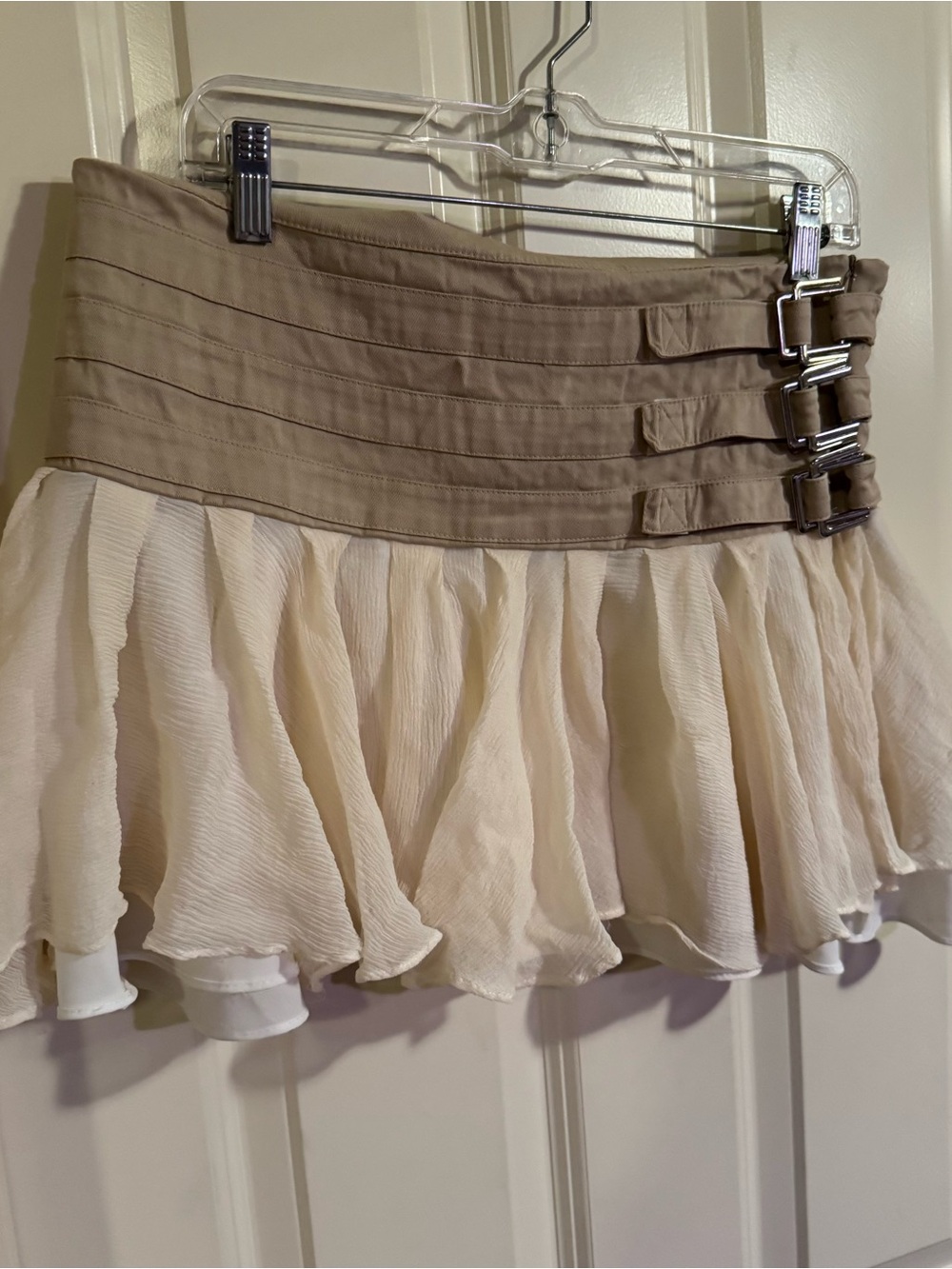 Beige and Cream Tiered Mini Skirt with Buckle Waist
